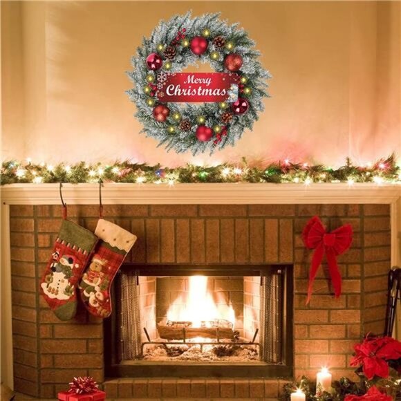 20 inch Merry Christmas Sign Holiday Wreath, Prelit with LED Lights - Picture 3 of 6